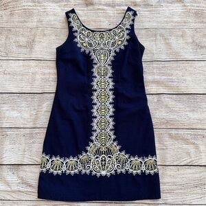 Lilly Pulitzer Navy Sleeveless Dress w. White & Yellow Embroidery Ladies Sz 6